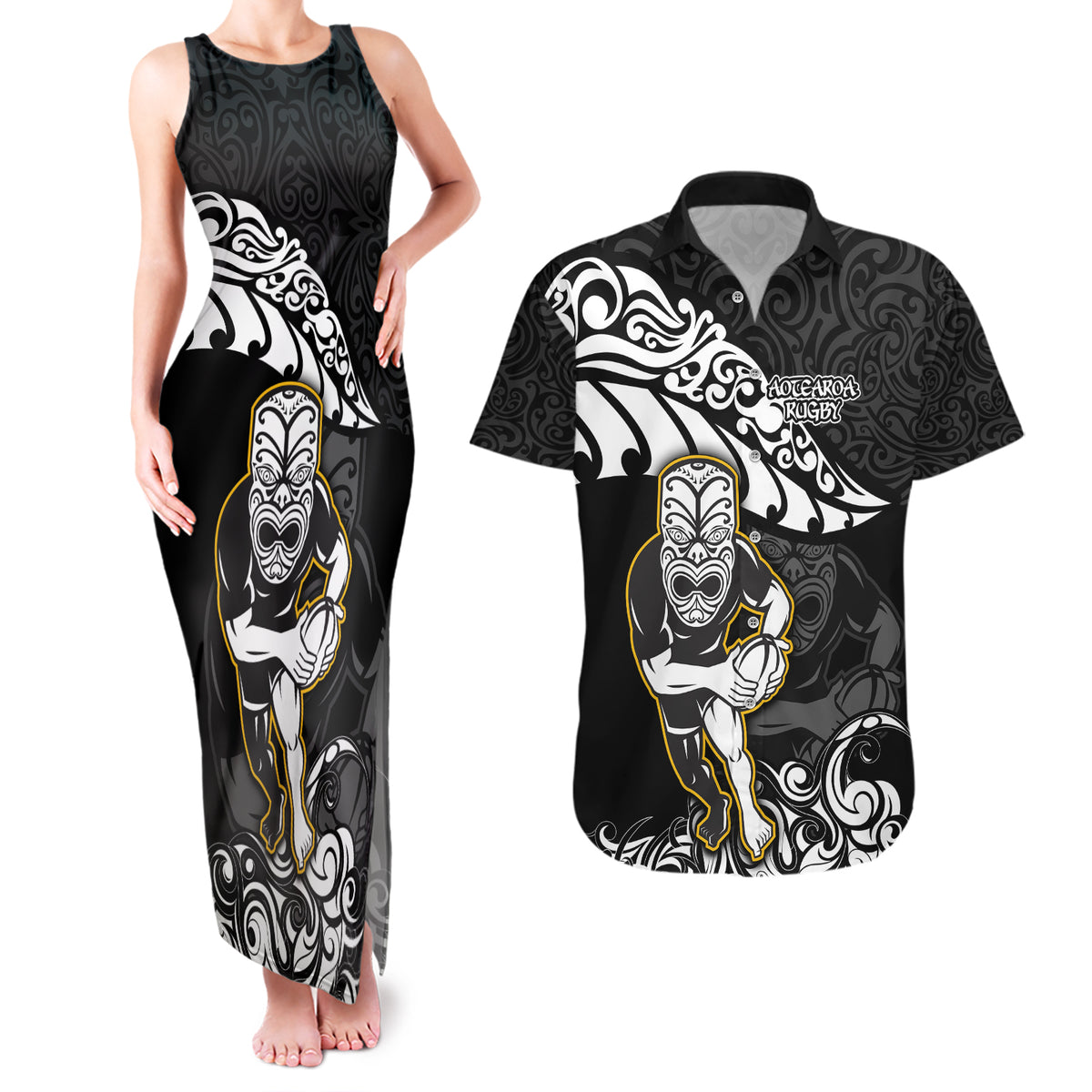 New Zealand Rugby Couples Matching Tank Maxi Dress and Hawaiian Shirt Maori Warrior Rugby Silver Fern Tribal Pattern LT03 Black - Polynesian Pride