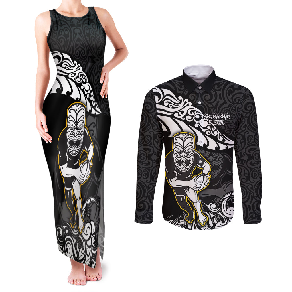 New Zealand Rugby Couples Matching Tank Maxi Dress and Long Sleeve Button Shirts Maori Warrior Rugby Silver Fern Tribal Pattern LT03 Black - Polynesian Pride