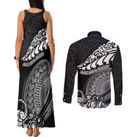 New Zealand Rugby Couples Matching Tank Maxi Dress and Long Sleeve Button Shirts Maori Warrior Rugby Silver Fern Tribal Pattern LT03 - Polynesian Pride