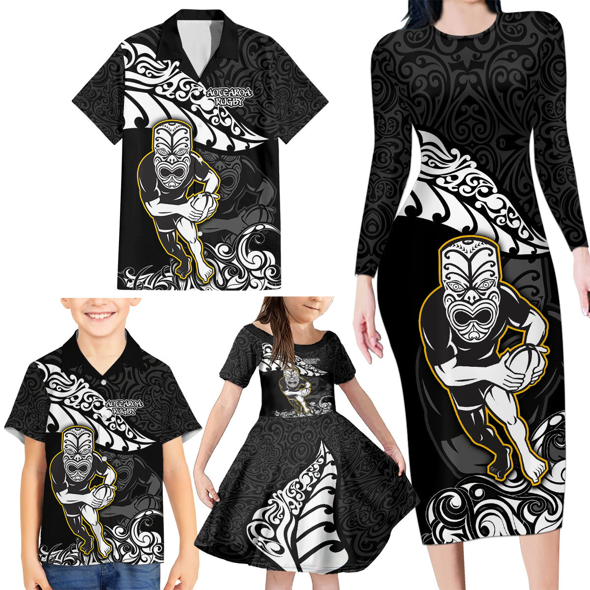 New Zealand Rugby Family Matching Long Sleeve Bodycon Dress and Hawaiian Shirt Maori Warrior Rugby Silver Fern Tribal Pattern LT03 - Polynesian Pride