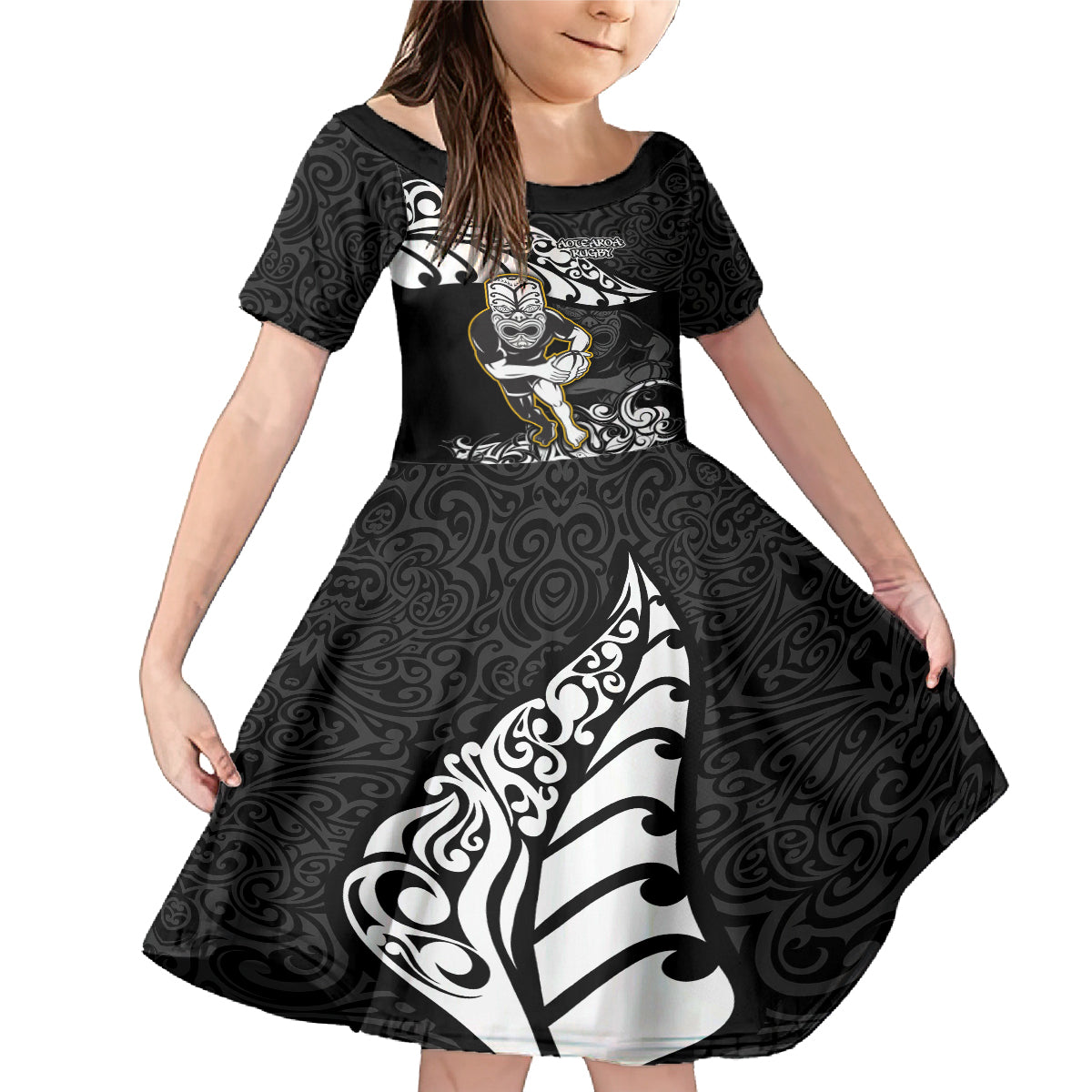 New Zealand Rugby Family Matching Mermaid Dress and Hawaiian Shirt Maori Warrior Rugby Silver Fern Tribal Pattern LT03 Daughter's Dress Black - Polynesian Pride
