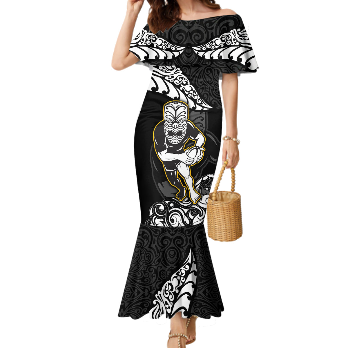 New Zealand Rugby Family Matching Mermaid Dress and Hawaiian Shirt Maori Warrior Rugby Silver Fern Tribal Pattern LT03 Mom's Dress Black - Polynesian Pride