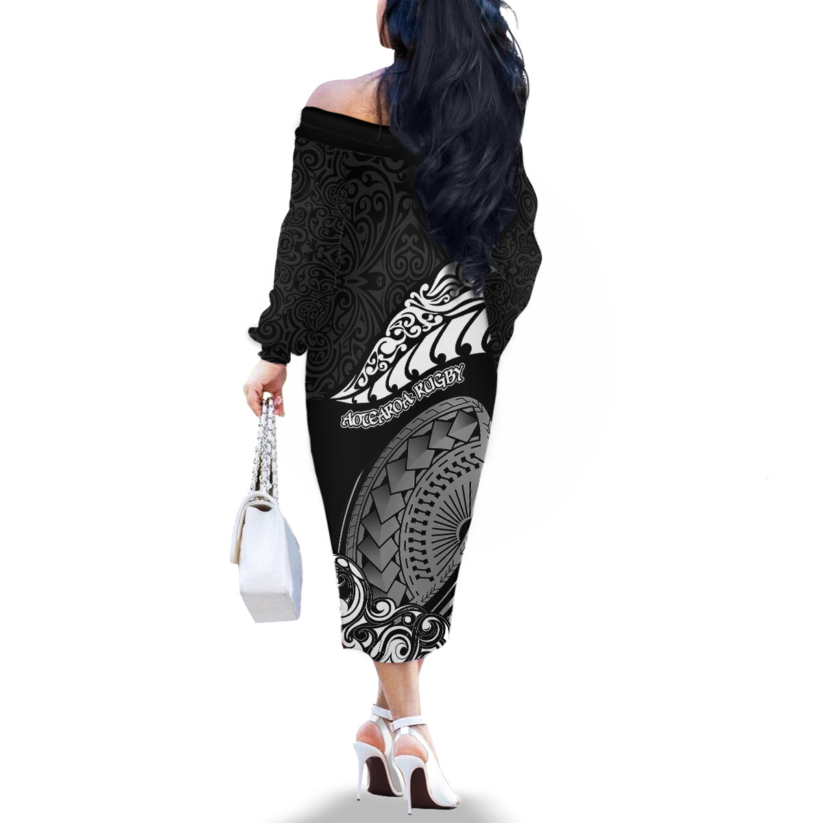 New Zealand Rugby Family Matching Off Shoulder Long Sleeve Dress and Hawaiian Shirt Maori Warrior Rugby Silver Fern Tribal Pattern LT03 - Polynesian Pride
