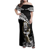 New Zealand Rugby Family Matching Off Shoulder Maxi Dress and Hawaiian Shirt Maori Warrior Rugby Silver Fern Tribal Pattern LT03 Mom's Dress Black - Polynesian Pride