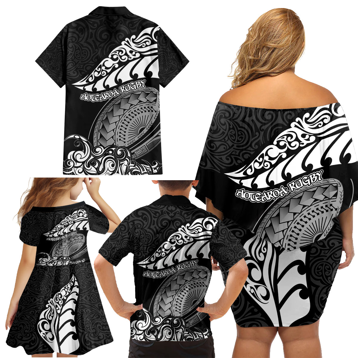 New Zealand Rugby Family Matching Off Shoulder Short Dress and Hawaiian Shirt Maori Warrior Rugby Silver Fern Tribal Pattern LT03 - Polynesian Pride