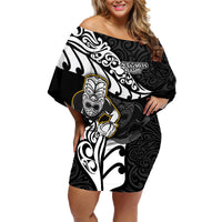 New Zealand Rugby Family Matching Off Shoulder Short Dress and Hawaiian Shirt Maori Warrior Rugby Silver Fern Tribal Pattern LT03 Mom's Dress Black - Polynesian Pride
