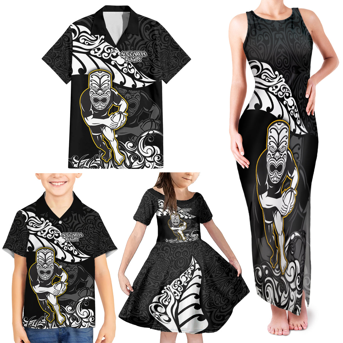 New Zealand Rugby Family Matching Tank Maxi Dress and Hawaiian Shirt Maori Warrior Rugby Silver Fern Tribal Pattern LT03 - Polynesian Pride