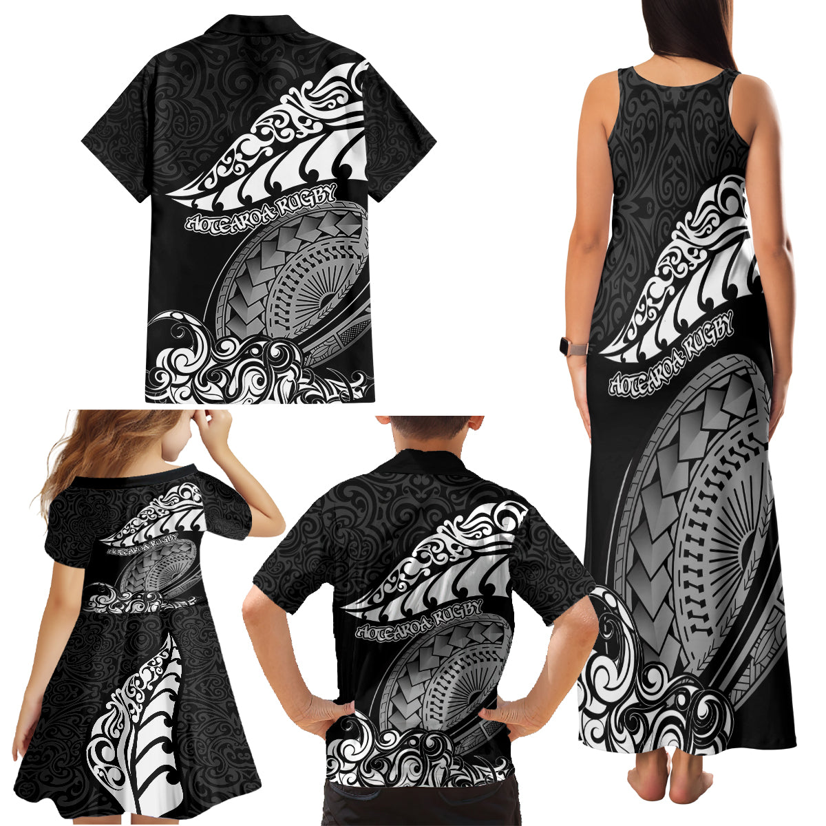New Zealand Rugby Family Matching Tank Maxi Dress and Hawaiian Shirt Maori Warrior Rugby Silver Fern Tribal Pattern LT03 - Polynesian Pride