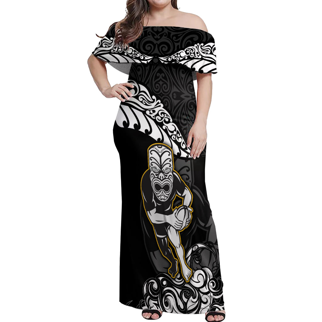 New Zealand Rugby Off Shoulder Maxi Dress Maori Warrior Rugby Silver Fern Tribal Pattern LT03 Women Black - Polynesian Pride