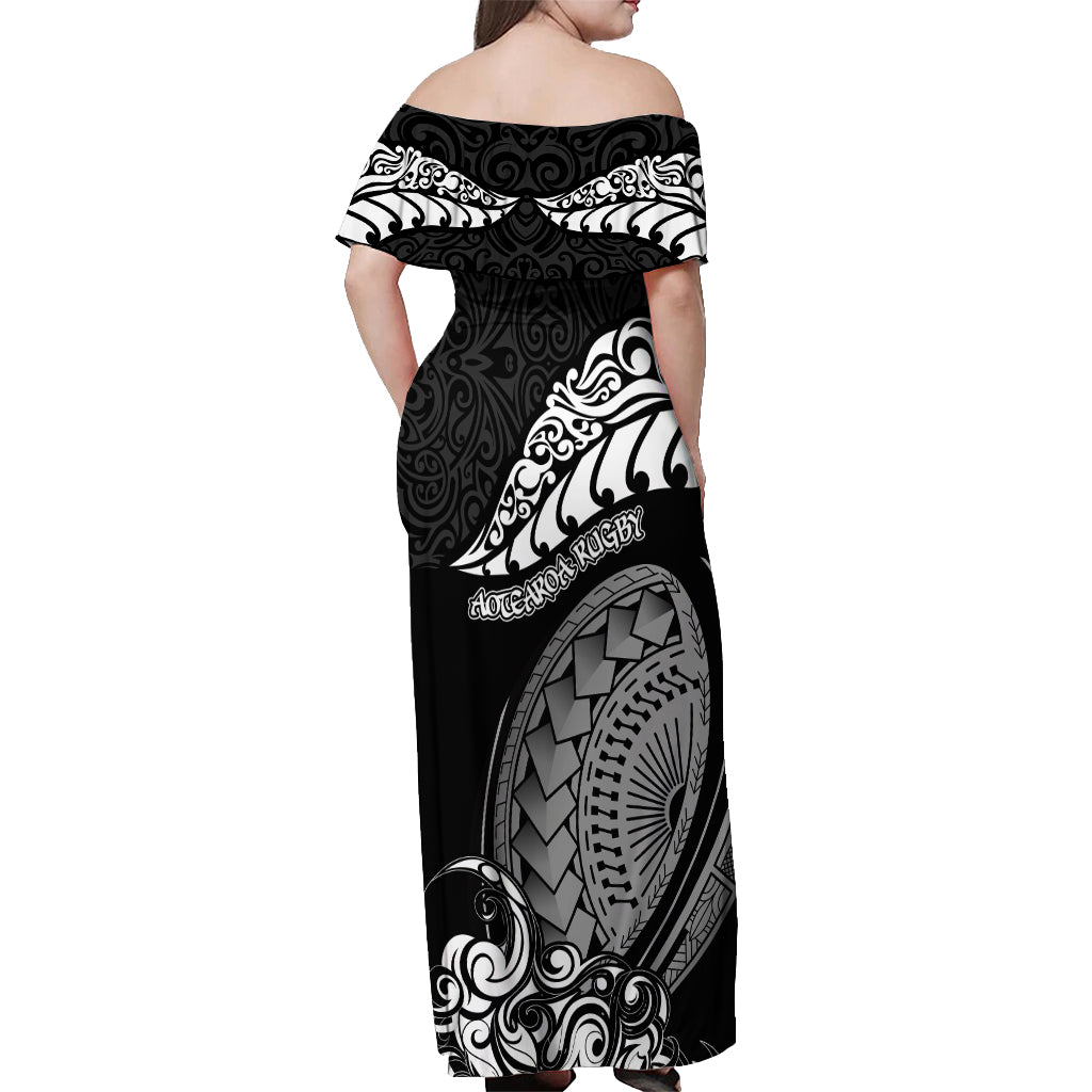 New Zealand Rugby Off Shoulder Maxi Dress Maori Warrior Rugby Silver Fern Tribal Pattern LT03 - Polynesian Pride