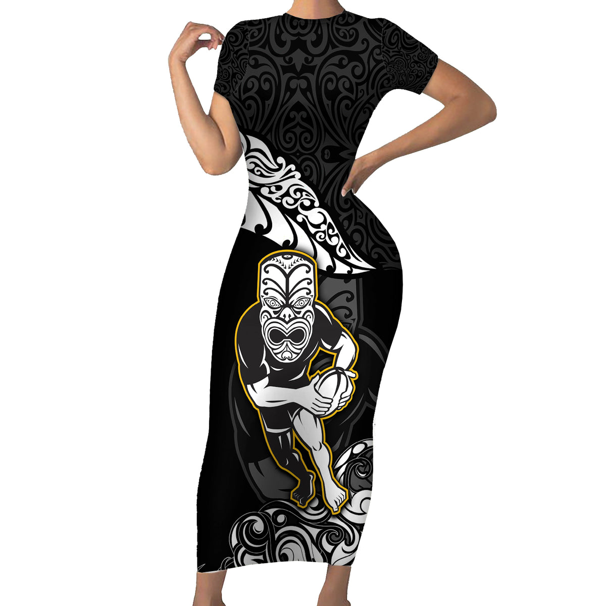 New Zealand Rugby Short Sleeve Bodycon Dress Maori Warrior Rugby Silver Fern Tribal Pattern LT03 Long Dress Black - Polynesian Pride