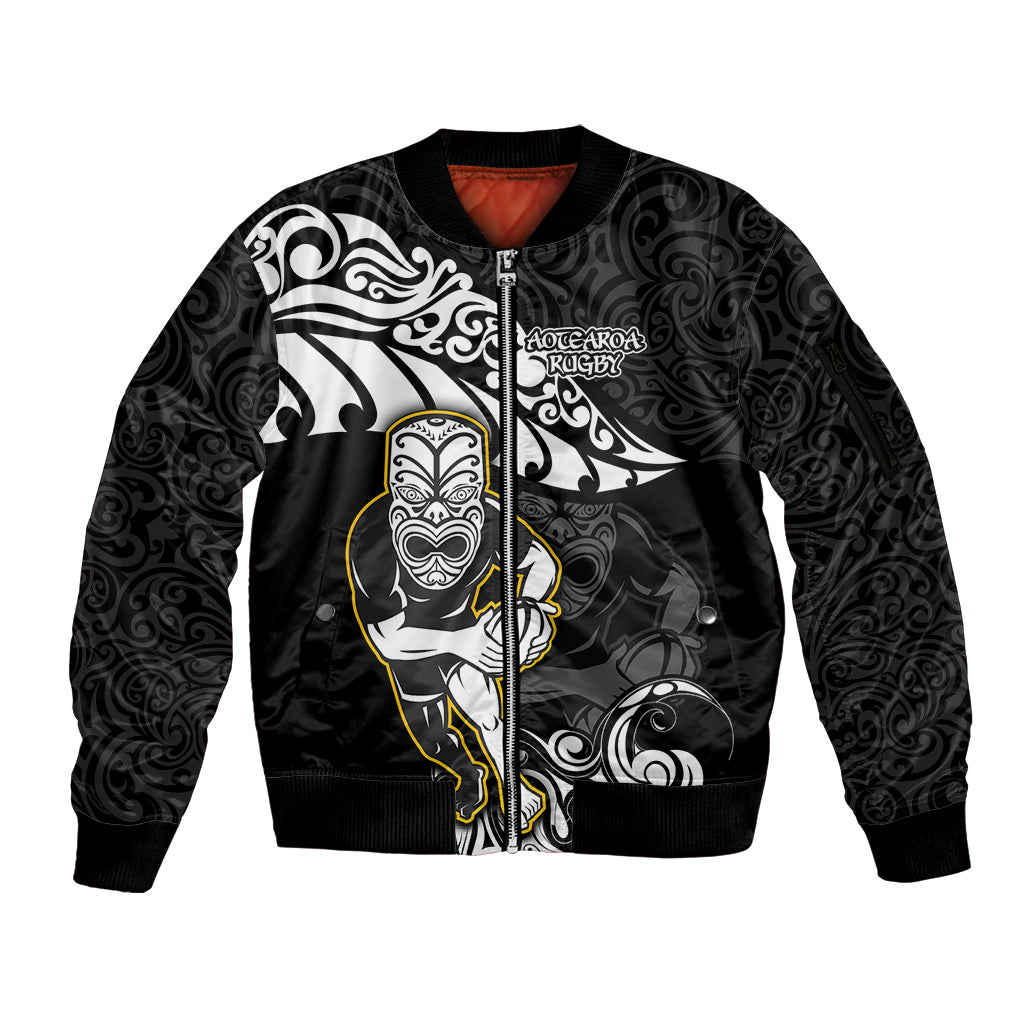 New Zealand Rugby Sleeve Zip Bomber Jacket Maori Warrior Rugby Silver Fern Tribal Pattern LT03 Unisex Black - Polynesian Pride