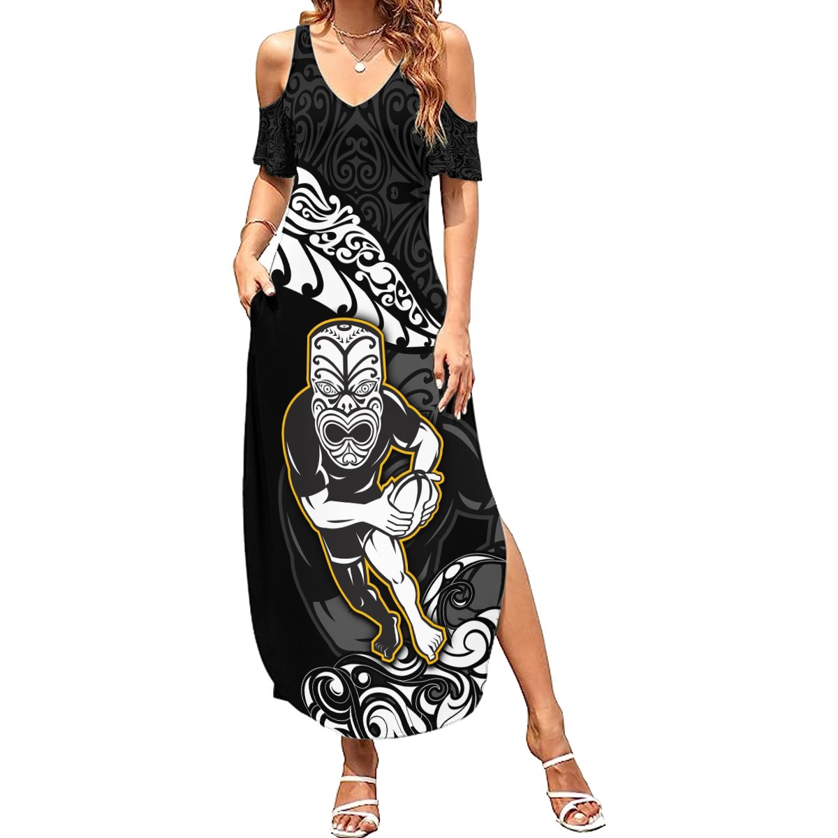 New Zealand Rugby Summer Maxi Dress Maori Warrior Rugby Silver Fern Tribal Pattern LT03 Women Black - Polynesian Pride