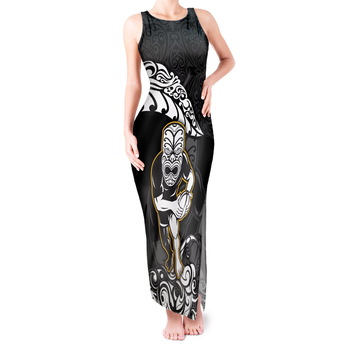 New Zealand Rugby Tank Maxi Dress Maori Warrior Rugby Silver Fern Tribal Pattern LT03 Women Black - Polynesian Pride