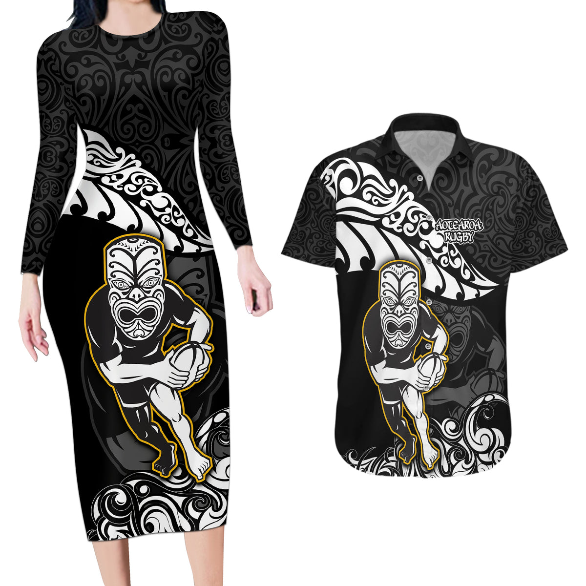 Custom New Zealand Rugby Couples Matching Long Sleeve Bodycon Dress and Hawaiian Shirt Maori Warrior Rugby Silver Fern Tribal Pattern LT03 Black - Polynesian Pride