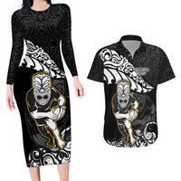 Custom New Zealand Rugby Couples Matching Long Sleeve Bodycon Dress and Hawaiian Shirt Maori Warrior Rugby Silver Fern Tribal Pattern LT03 Black - Polynesian Pride