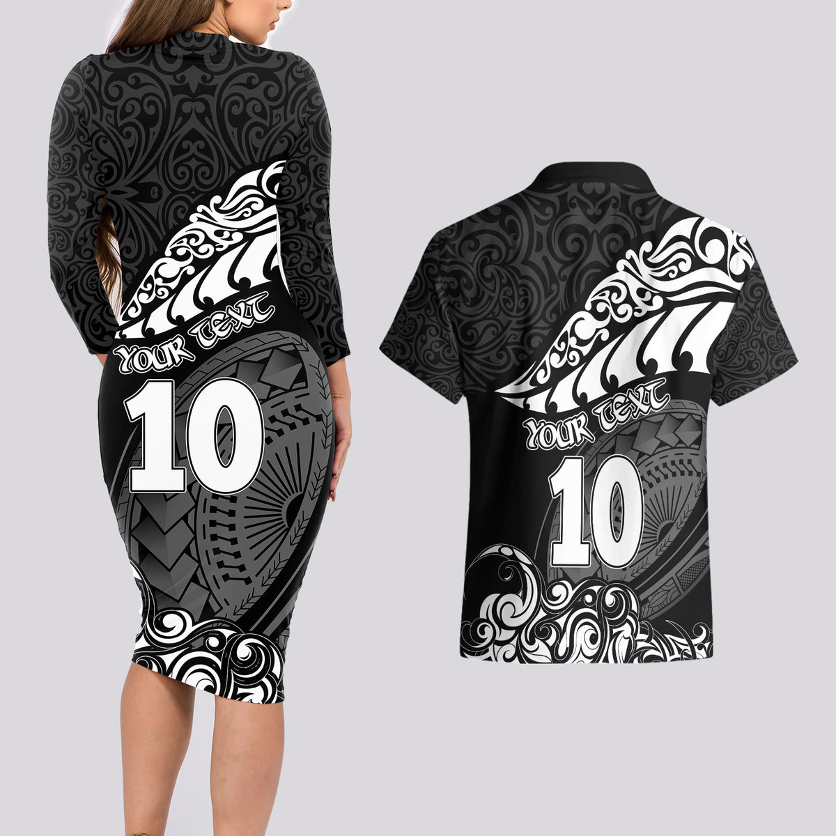 Custom New Zealand Rugby Couples Matching Long Sleeve Bodycon Dress and Hawaiian Shirt Maori Warrior Rugby Silver Fern Tribal Pattern LT03 - Polynesian Pride