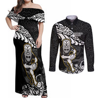 Custom New Zealand Rugby Couples Matching Off Shoulder Maxi Dress and Long Sleeve Button Shirts Maori Warrior Rugby Silver Fern Tribal Pattern LT03 Black - Polynesian Pride