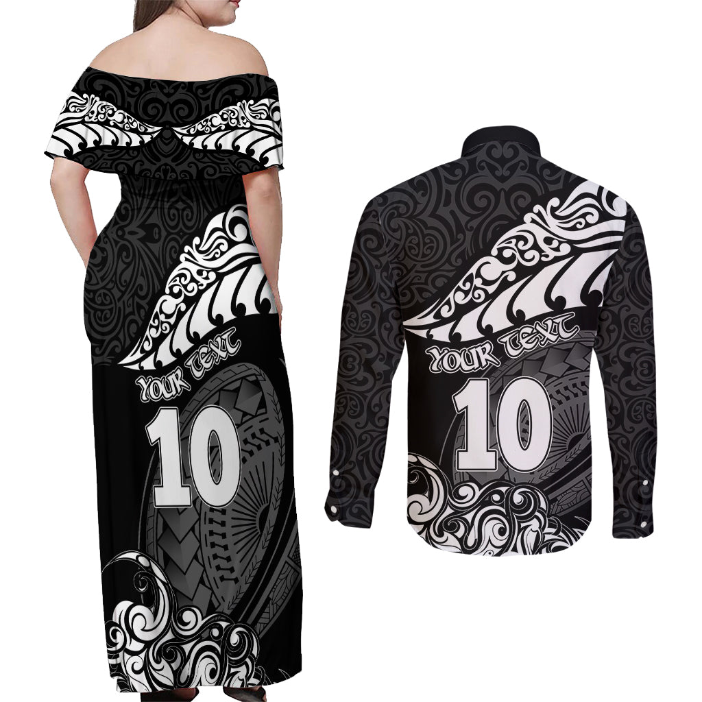 Custom New Zealand Rugby Couples Matching Off Shoulder Maxi Dress and Long Sleeve Button Shirts Maori Warrior Rugby Silver Fern Tribal Pattern LT03 - Polynesian Pride