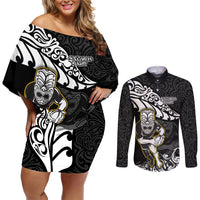 Custom New Zealand Rugby Couples Matching Off Shoulder Short Dress and Long Sleeve Button Shirts Maori Warrior Rugby Silver Fern Tribal Pattern LT03 Black - Polynesian Pride