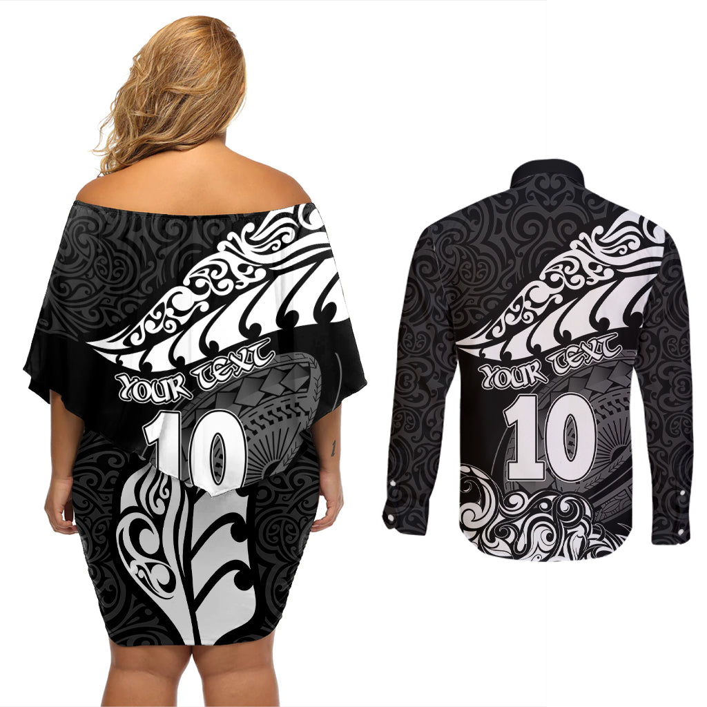 Custom New Zealand Rugby Couples Matching Off Shoulder Short Dress and Long Sleeve Button Shirts Maori Warrior Rugby Silver Fern Tribal Pattern LT03 - Polynesian Pride