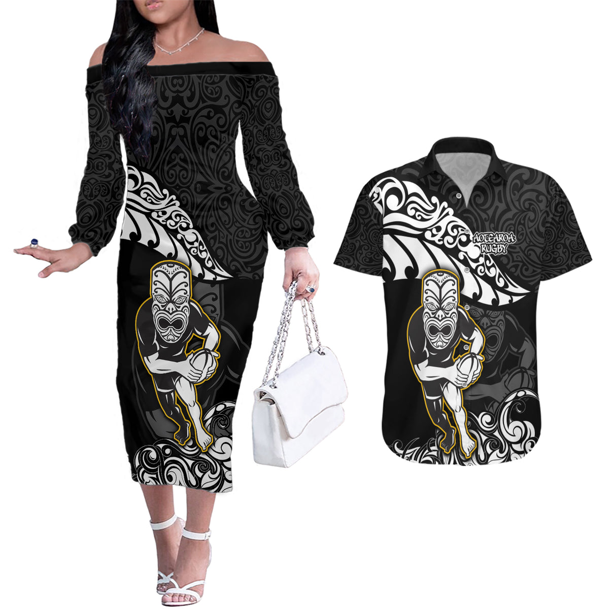 Custom New Zealand Rugby Couples Matching Off The Shoulder Long Sleeve Dress and Hawaiian Shirt Maori Warrior Rugby Silver Fern Tribal Pattern LT03 Black - Polynesian Pride