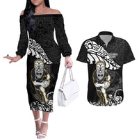 Custom New Zealand Rugby Couples Matching Off The Shoulder Long Sleeve Dress and Hawaiian Shirt Maori Warrior Rugby Silver Fern Tribal Pattern LT03 Black - Polynesian Pride