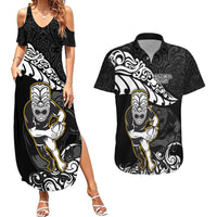 Custom New Zealand Rugby Couples Matching Summer Maxi Dress and Hawaiian Shirt Maori Warrior Rugby Silver Fern Tribal Pattern LT03 Black - Polynesian Pride