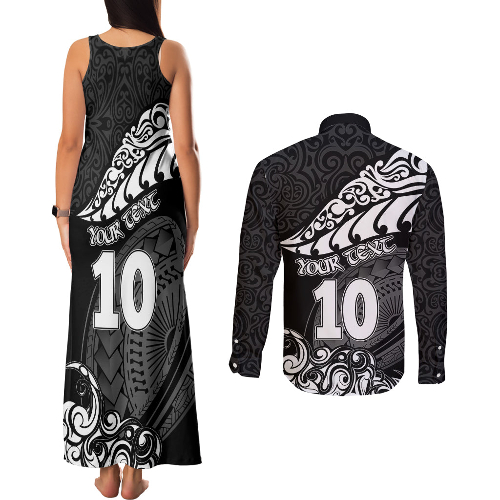 Custom New Zealand Rugby Couples Matching Tank Maxi Dress and Long Sleeve Button Shirts Maori Warrior Rugby Silver Fern Tribal Pattern LT03 - Polynesian Pride