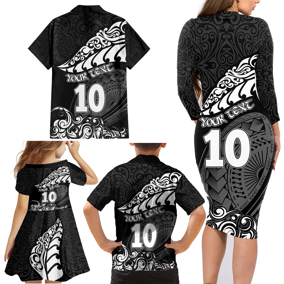 Custom New Zealand Rugby Family Matching Long Sleeve Bodycon Dress and Hawaiian Shirt Maori Warrior Rugby Silver Fern Tribal Pattern LT03 - Polynesian Pride