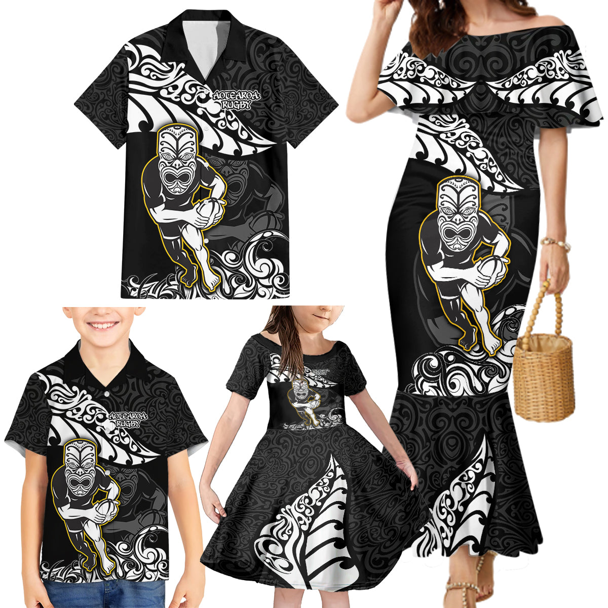 Custom New Zealand Rugby Family Matching Mermaid Dress and Hawaiian Shirt Maori Warrior Rugby Silver Fern Tribal Pattern LT03 - Polynesian Pride