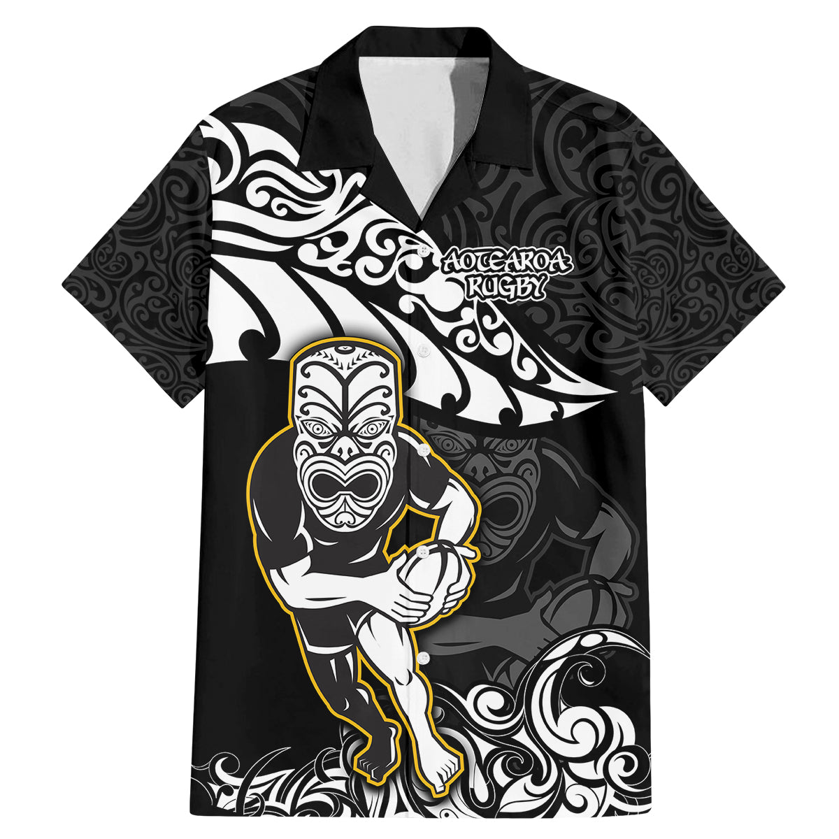Custom New Zealand Rugby Family Matching Mermaid Dress and Hawaiian Shirt Maori Warrior Rugby Silver Fern Tribal Pattern LT03 Dad's Shirt - Short Sleeve Black - Polynesian Pride