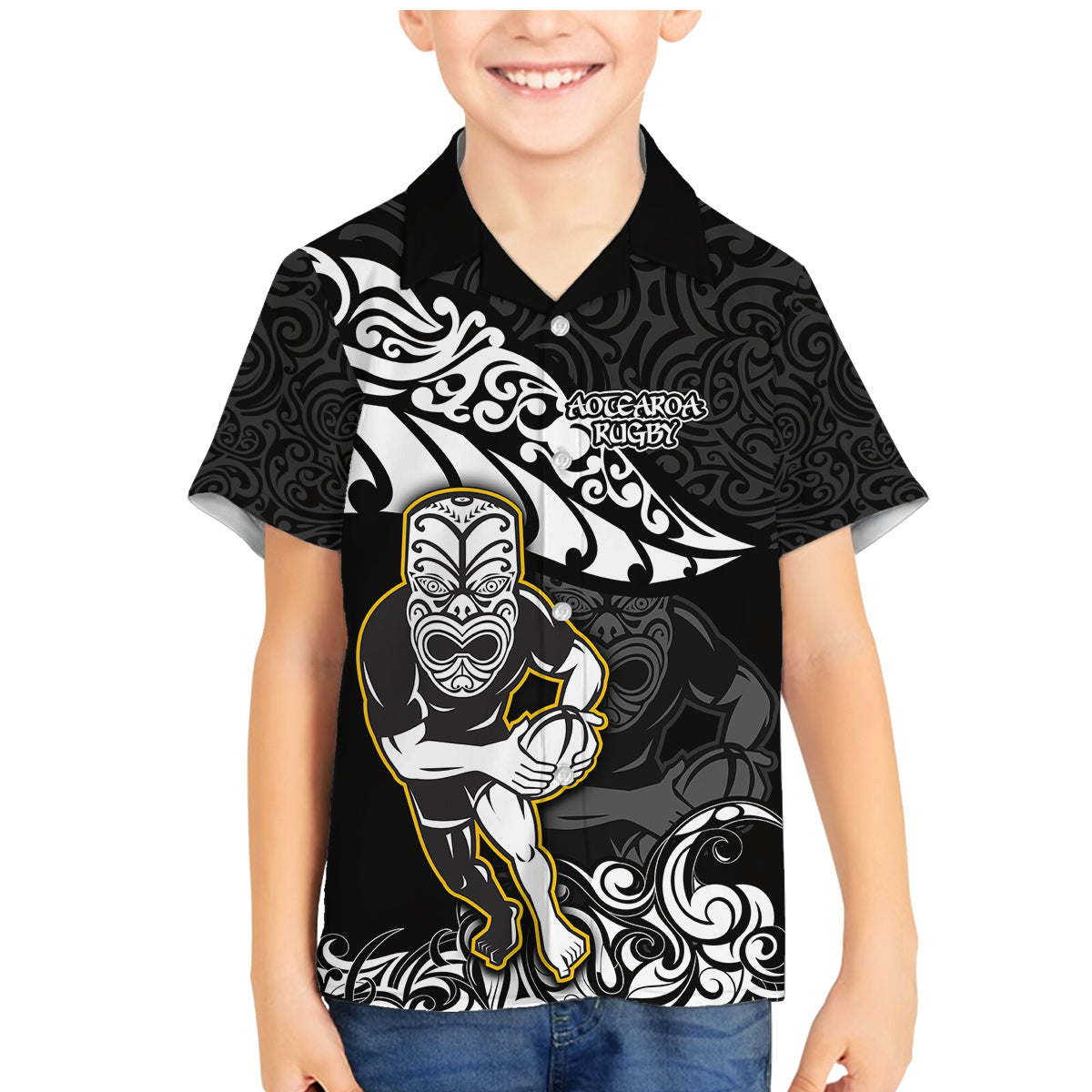 Custom New Zealand Rugby Family Matching Mermaid Dress and Hawaiian Shirt Maori Warrior Rugby Silver Fern Tribal Pattern LT03 Son's Shirt Black - Polynesian Pride