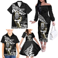 Custom New Zealand Rugby Family Matching Off Shoulder Long Sleeve Dress and Hawaiian Shirt Maori Warrior Rugby Silver Fern Tribal Pattern LT03 - Polynesian Pride