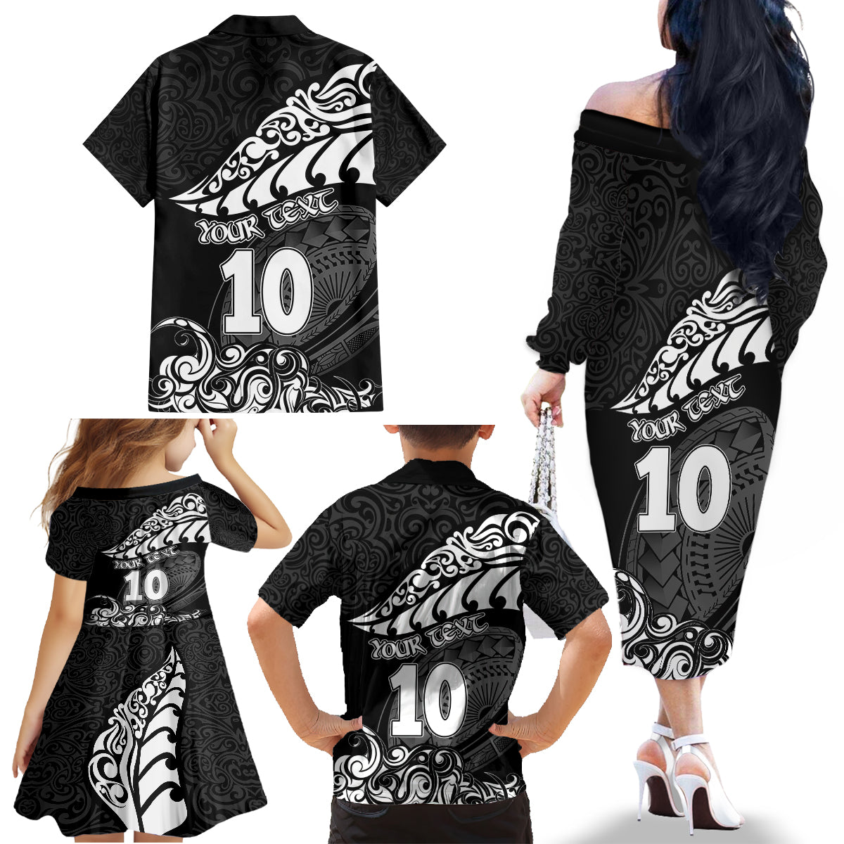 Custom New Zealand Rugby Family Matching Off Shoulder Long Sleeve Dress and Hawaiian Shirt Maori Warrior Rugby Silver Fern Tribal Pattern LT03 - Polynesian Pride
