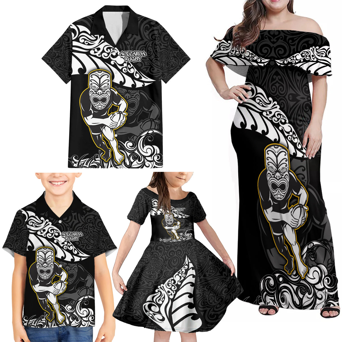 Custom New Zealand Rugby Family Matching Off Shoulder Maxi Dress and Hawaiian Shirt Maori Warrior Rugby Silver Fern Tribal Pattern LT03 - Polynesian Pride