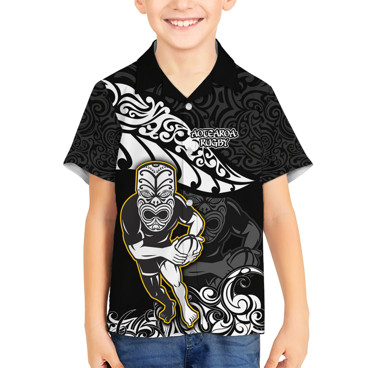 Custom New Zealand Rugby Family Matching Off Shoulder Maxi Dress and Hawaiian Shirt Maori Warrior Rugby Silver Fern Tribal Pattern LT03 Son's Shirt Black - Polynesian Pride