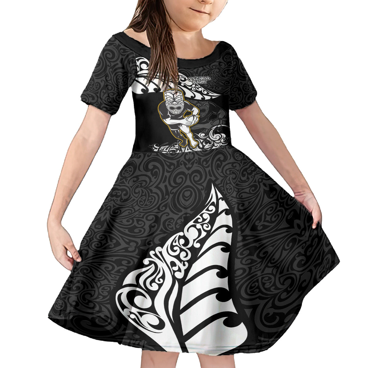 Custom New Zealand Rugby Family Matching Off Shoulder Short Dress and Hawaiian Shirt Maori Warrior Rugby Silver Fern Tribal Pattern LT03 Daughter's Dress Black - Polynesian Pride