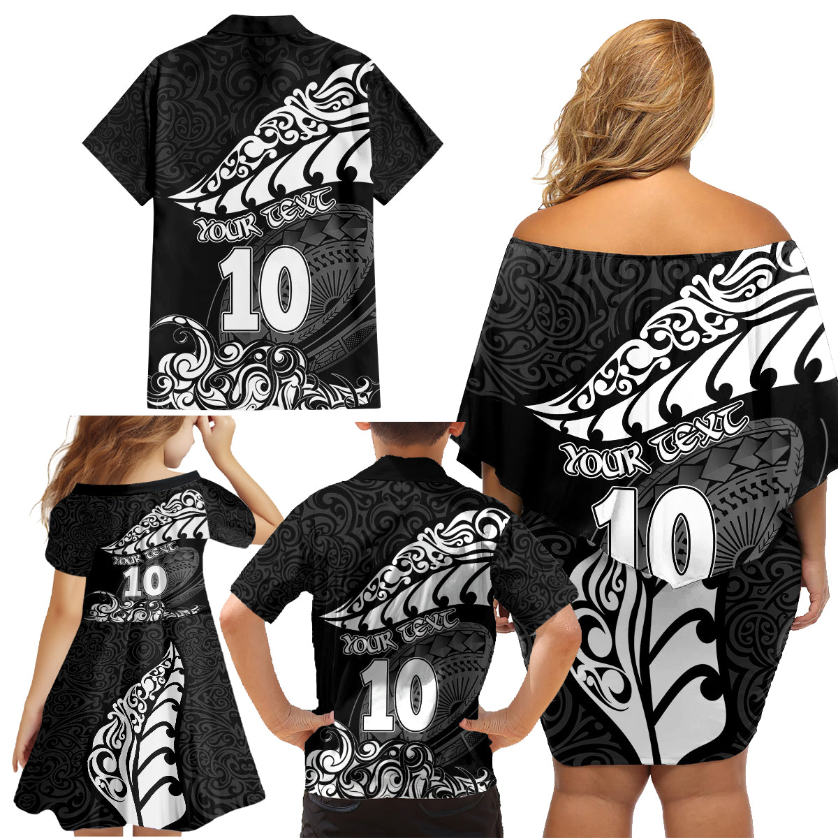 Custom New Zealand Rugby Family Matching Off Shoulder Short Dress and Hawaiian Shirt Maori Warrior Rugby Silver Fern Tribal Pattern LT03 - Polynesian Pride