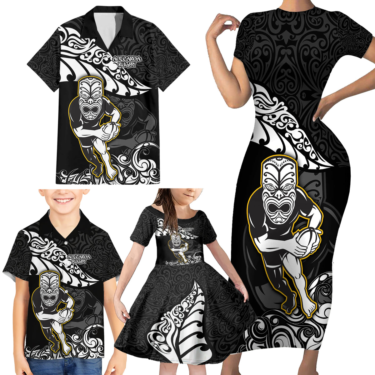 Custom New Zealand Rugby Family Matching Short Sleeve Bodycon Dress and Hawaiian Shirt Maori Warrior Rugby Silver Fern Tribal Pattern LT03 - Polynesian Pride
