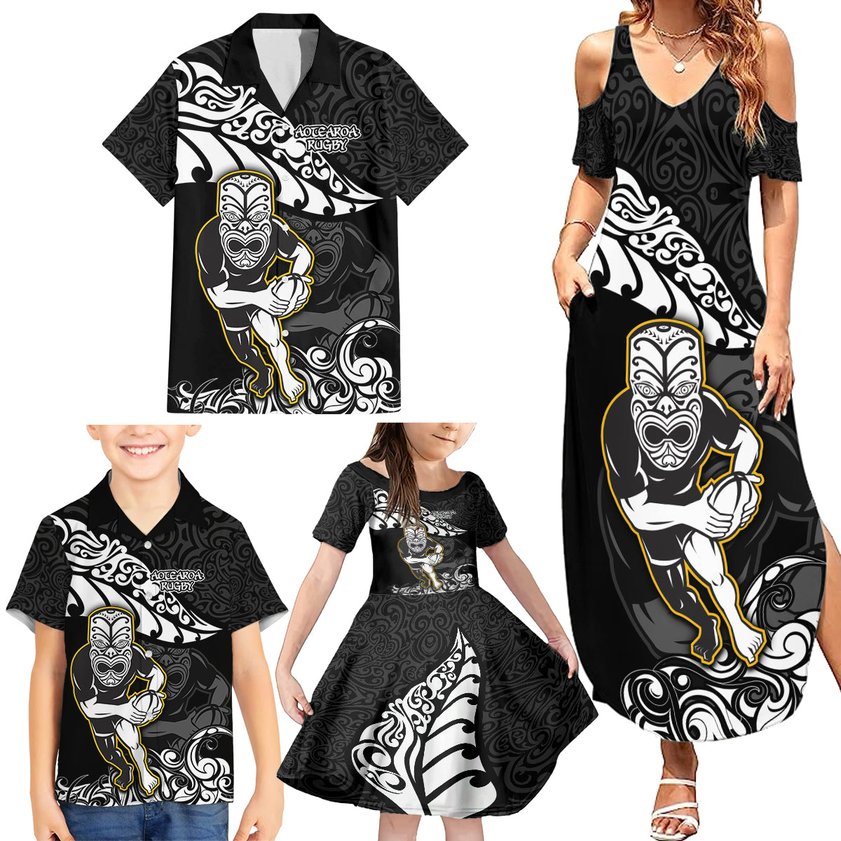 Custom New Zealand Rugby Family Matching Summer Maxi Dress and Hawaiian Shirt Maori Warrior Rugby Silver Fern Tribal Pattern LT03 - Polynesian Pride