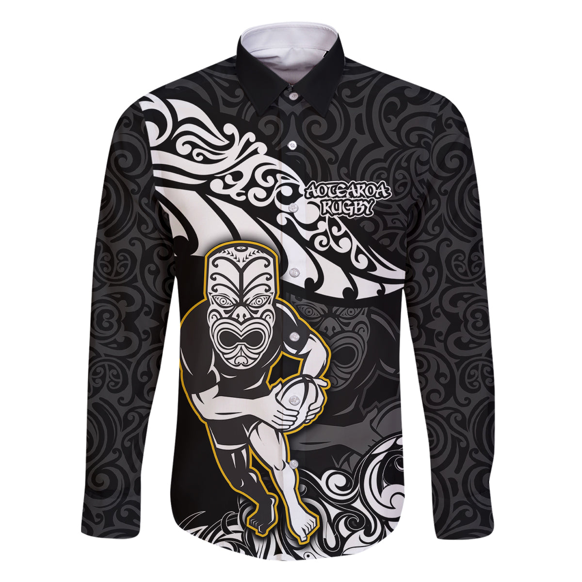 Custom New Zealand Rugby Family Matching Summer Maxi Dress and Hawaiian Shirt Maori Warrior Rugby Silver Fern Tribal Pattern LT03 Dad's Shirt - Long Sleeve Black - Polynesian Pride