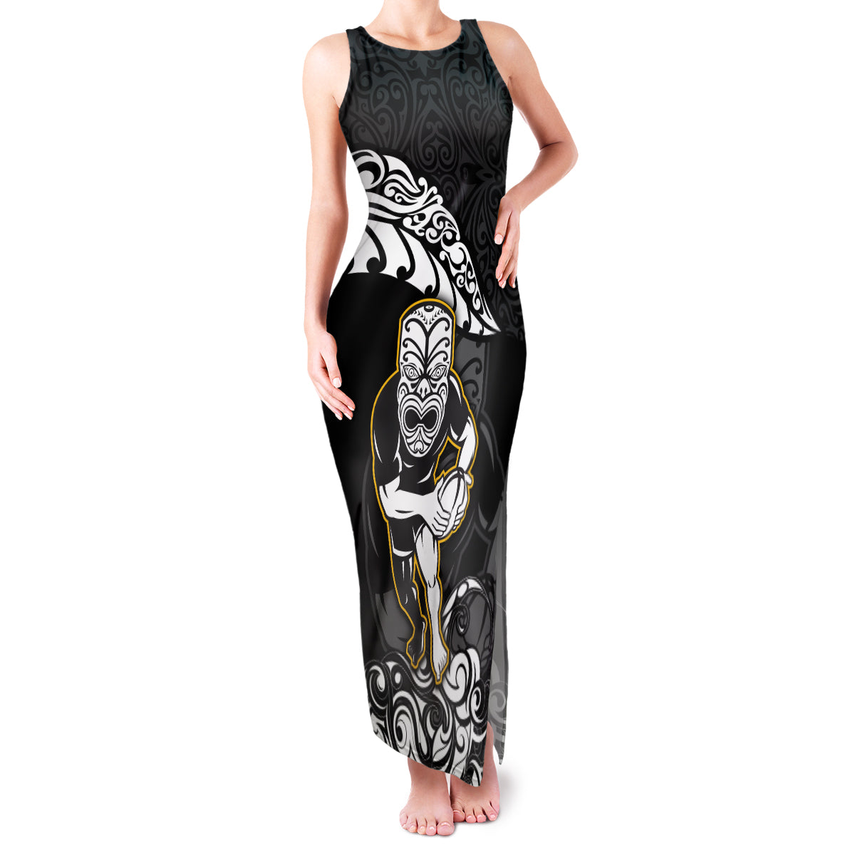Custom New Zealand Rugby Family Matching Tank Maxi Dress and Hawaiian Shirt Maori Warrior Rugby Silver Fern Tribal Pattern LT03 Mom's Dress Black - Polynesian Pride