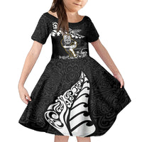 Custom New Zealand Rugby Kid Short Sleeve Dress Maori Warrior Rugby Silver Fern Tribal Pattern LT03 KID Black - Polynesian Pride