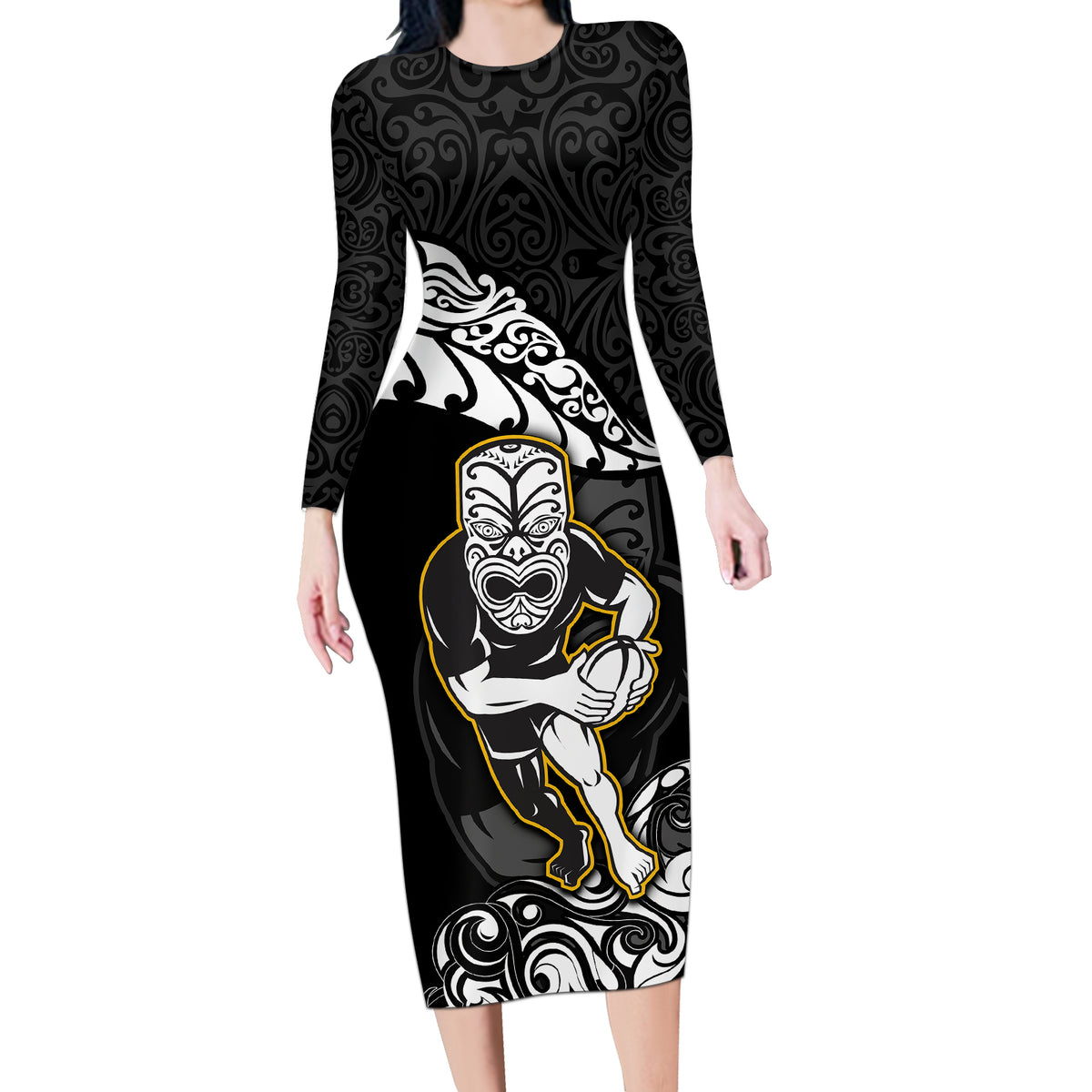 Custom New Zealand Rugby Long Sleeve Bodycon Dress Maori Warrior Rugby Silver Fern Tribal Pattern LT03 Long Dress Black - Polynesian Pride