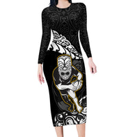 Custom New Zealand Rugby Long Sleeve Bodycon Dress Maori Warrior Rugby Silver Fern Tribal Pattern LT03 Long Dress Black - Polynesian Pride