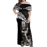 Custom New Zealand Rugby Off Shoulder Maxi Dress Maori Warrior Rugby Silver Fern Tribal Pattern LT03 Women Black - Polynesian Pride