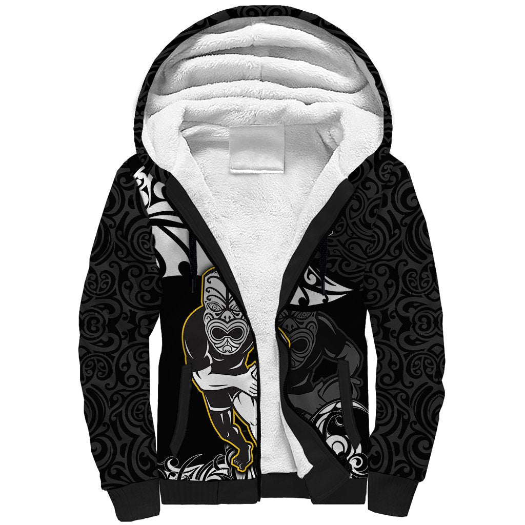 Custom New Zealand Rugby Sherpa Hoodie Maori Warrior Rugby Silver Fern Tribal Pattern LT03 Unisex Black - Polynesian Pride