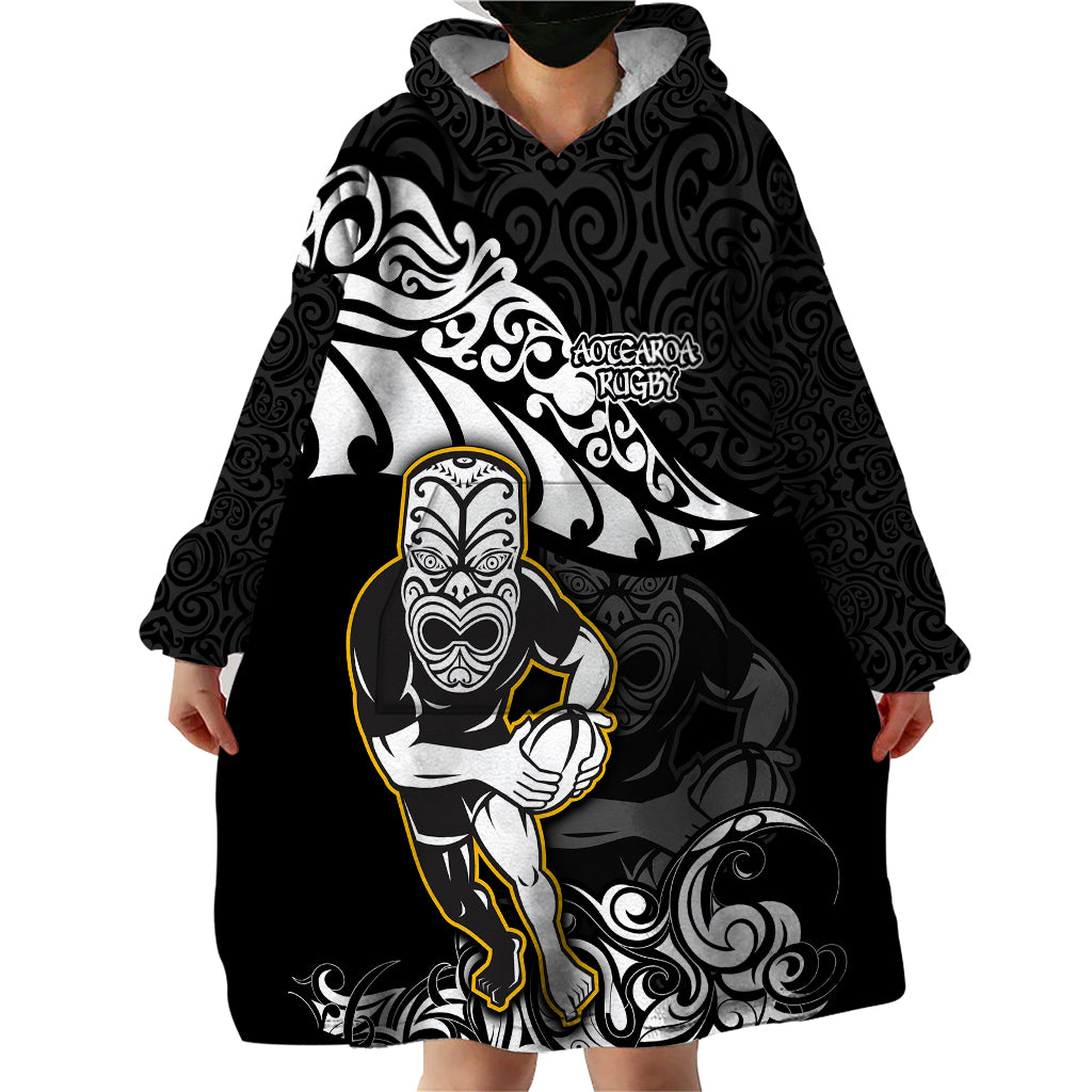 Custom New Zealand Rugby Wearable Blanket Hoodie Maori Warrior Rugby Silver Fern Tribal Pattern LT03 - Polynesian Pride