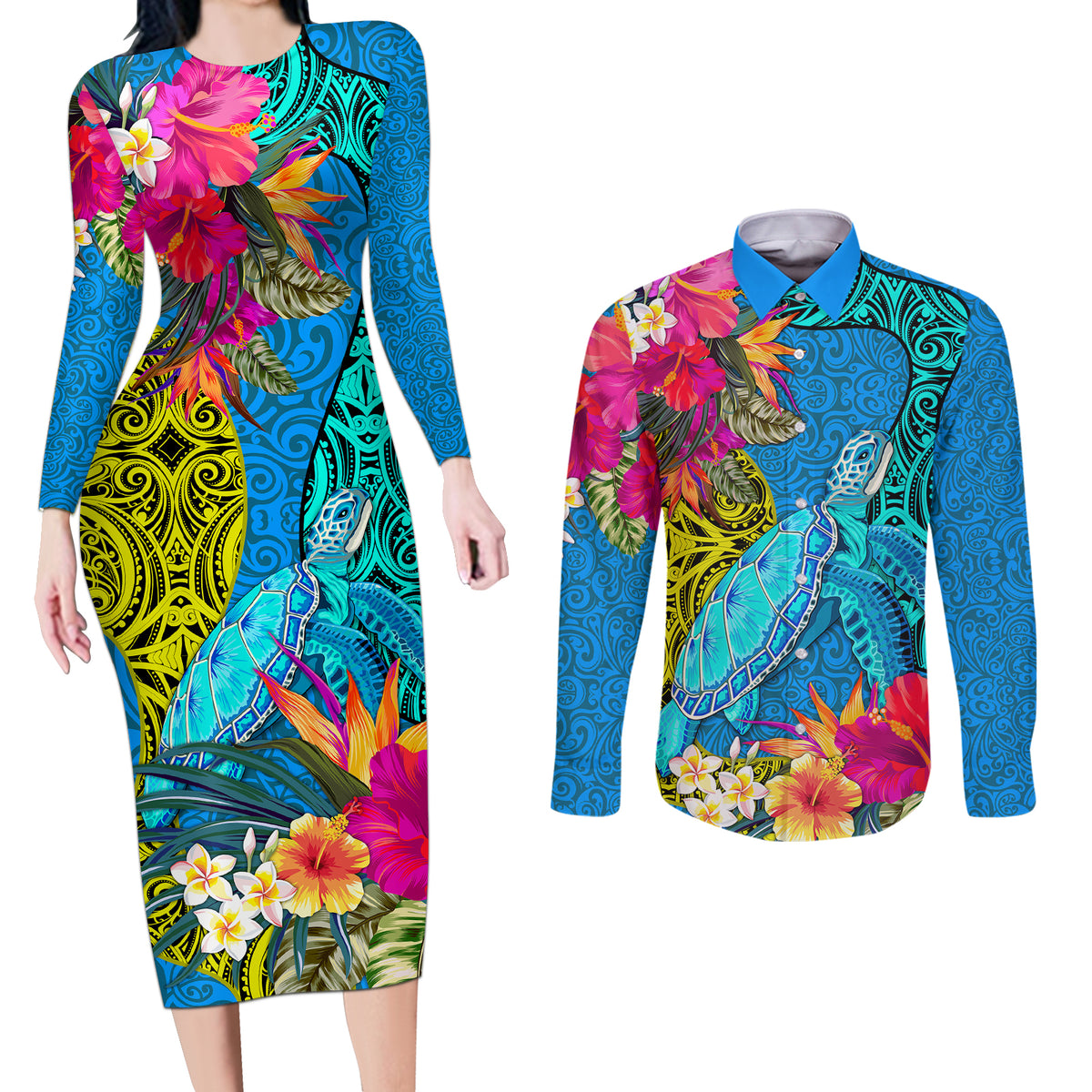 polynesian-couples-matching-long-sleeve-bodycon-dress-and-long-sleeve-button-shirts-the-turtle-jung-flower-with-maori-pattern-ethnic-style